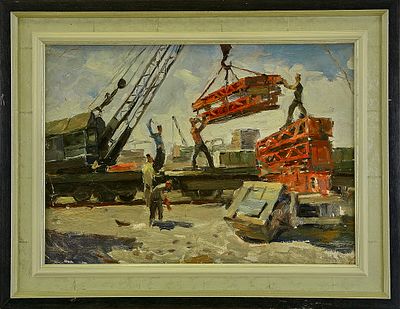 н/х "Выгрузка красных ферм" 
этюд, картон, масло. Подпись автора отсутствует.