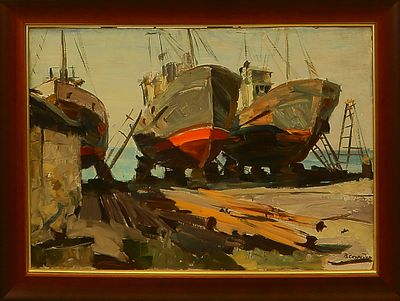 Скуридин В.Б. " Сейнеры на ремонте " В рыбколхозе под Керчью" 1963г.
картон, масло. Скуридин 