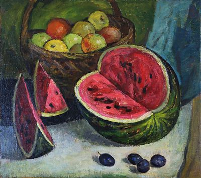Богданов А.И "Спелый арбуз и яблоко в сентябре"2003г.
холст, масло. Анатолий Иванович Богданов 