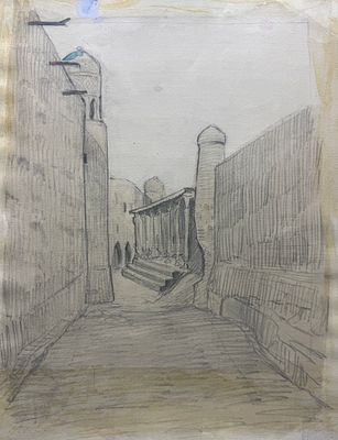 [Архив Т. Полетика] Т. Полетика &laquo;Бухара&raquo;, 1950-е гг. Бумага, гр. карандаш, акварель. Тамара 