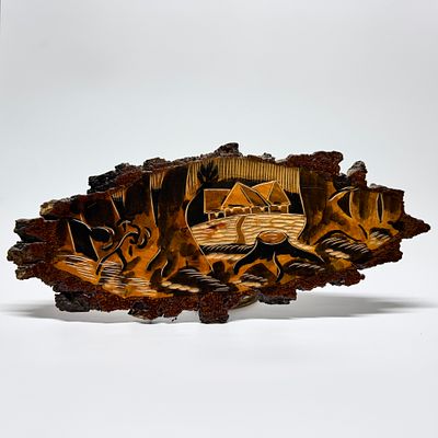 Панно &laquo;Деревенский пейзаж&raquo;. СССР, 1976 г. Дерево, резьба, лак. Настенное декоративное панно 