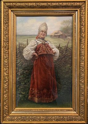 Н.Х. &laquo;У околицы&raquo;. Копия с картины К.Е. Маковского. Россия, 1-я треть ХХ в. Картон, масло. 