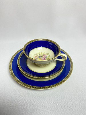 Старинная чайная кобальтовая тройка из костяного фарфора, производство Германия мануфактура 