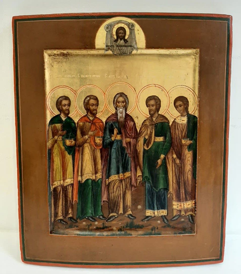 Икона, Домиан, Козьма, Самон, Гурий, Авив.
19 век.
Размер 34*30 см.