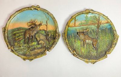Пара редких настенных декоративных панно-тарелок Царской России "Лоси", диаметр-32 см. Время 