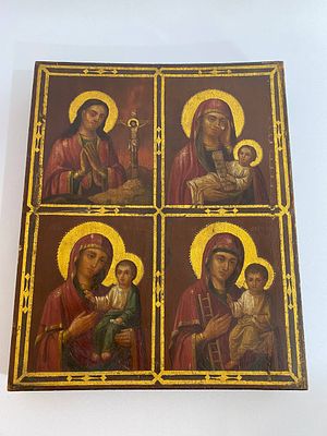 Редкая четыр&euml;хчастная икона на доске, на которой изображены 4 разных образа Божьей Матери. 