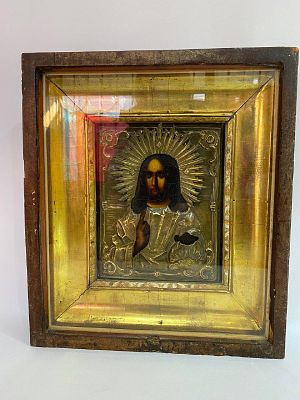 Старинная православная икона "Вседержитель" середины 19 века. В коварном латунном окладе 