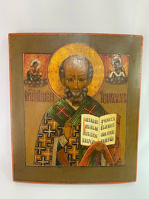 Большая тяжёлая православная икона на доске 19 века "Николай Чудотворец". Икона писана на 