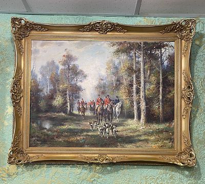 Антикварная подписная картина в красивой деревянной раме с лепниной, изображающая Царскую охоту 