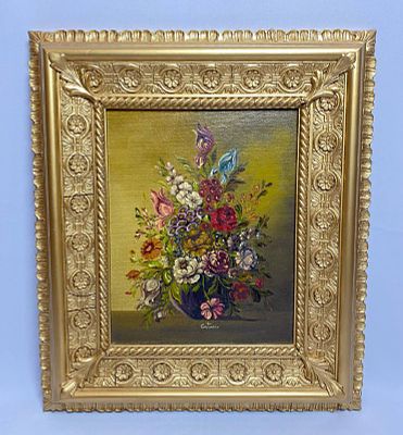 Картина "Цветы" французского художника, писанная маслом на холсте и обрамлённая в резную 