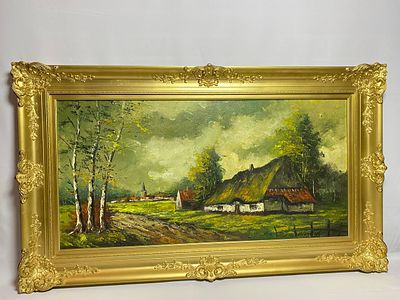 Большая картина деревянной раме с лепниной Французского художника. Время написания середина XX 