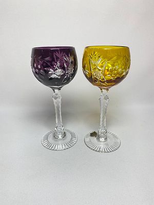 Пара тяжёлых цветных хрустальных бокалов, фужеров из двухслойного хрусталя с ручной доработкой 