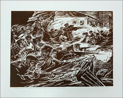 Олийник. Восстание Жадановского. – 1973 год. 
Бумага, линогравюра; 52 &times; 59 см. 
В 
