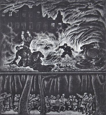 Попов Николай Тарасович (1927-2010). Отечественная. 1973 г. 
Бумага, линогравюра. 43Х39 см. 