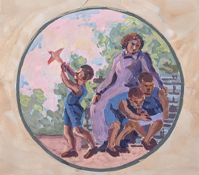 Неизвестный художник. В парке. 1930 ??. Бумага, гуашь. 21,5Х24,5 см.