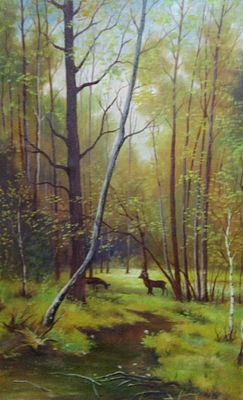 Неизвестный художник до 1930 года 
Лес. Олени 
холст масло 55 Х 41 см