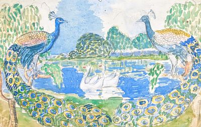 Неизвестный художник. Райский сад.модерн 1920 ые г. Бумага, акварель. 10,5Х16,5 см.