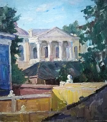 Гайваненко Анна Платоновна (1915-1989 ) &laquo; Пейзаж с ТЮЗом&raquo;1960г. Картон, масло . Размер 