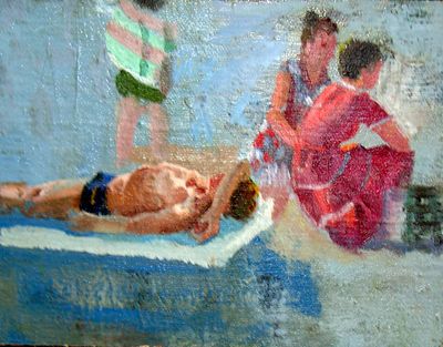 Бельмасов Борис Петрович (1940 г.р.). Пляж. 1970 г. Холст на картоне, масло. 17Х22,5 см. На 