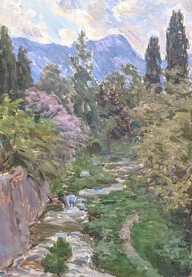 Шведов . Горная речка. Картон, масло. 21,5Х15 см. На обороте детские рисунки карандашом.