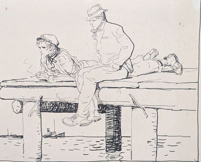 Кащеев Константин Герасимович (1916–1988) Пирс рыбаки Бумага, тушь. 13Х18 см. 1958 г 
График, 