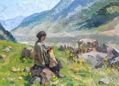 Неизвестный художник. За вязанием. Картон, масло. 25Х34 см.