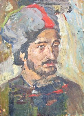 Неизвестный художник. Портрет Казака. 1987 г. Картон, масло. 52,5Х39,5 см. На обороте надпись.