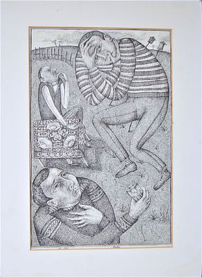 Неизвестный художник. Застолье. 1991 г. Бумага, тушь. 34,5Х22 см. Внизу авторская подпись. 