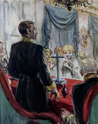 Неизвестный художник. Господа. Бумага, темпера. 25Х19,5 см.