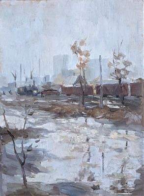 Неизвестный художник. На железнодорожной станции. Картон масло. 33х24,5 см. На обороте искиз 