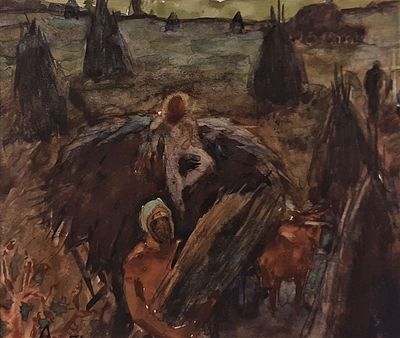 Неизвестный художник (Россия). Стоги сена. 1971. Бумага, акварель, белила. 13 х 11 см. 