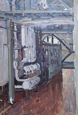 Гайваненко Анна Платоновна
(1915 - 1998). Цех. 1964 г. Картон, масло. 32,5х47 см. На обороте 