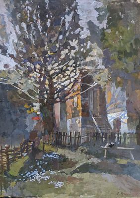 Черных Елена Павловна (г.р.1984). Кот на лавочке. 2000 г. Бумага, гуашь. 69,5х50 см. Справа 