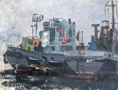 Бельмасов Борис Петрович (1940 г.р.). Баржа. 1990 е гг. Картон, масло. 24х31 см. На обороте 