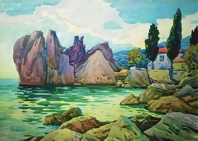 Кулагина Ольга Николаевна ( 1927). &laquo;Море.бухта чехова &raquo;1975г. Бумага, акварель 45х64см Кулагина 