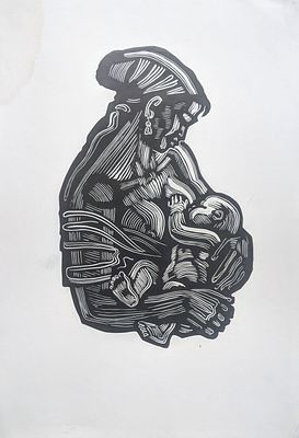 Неизвестный художник. Женщина с ребенком. Бумага, линогравюра. 41Х29 см.