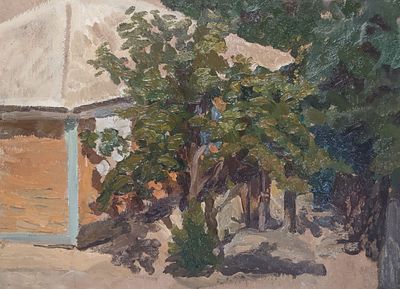 Федоров Александр Иванович (1967 г. р.). Дом. 1990-е гг. Картон, масло. 34,5Х45,5 см. Родился в 