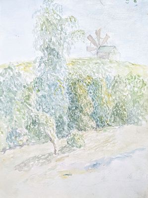 Неизвестный художник. Двусторонний лот. Мельница/Две девочки. 1920 е гг. Бумага, акварель 