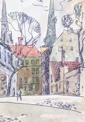 Неизвестный художник. Одна из улиц около Кремля. Бумага, тушь, акварель. 14,2Х10 см.