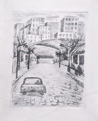 Неизвестный художник. Автомобиль. Бумага, офорт. 10Х7,5 см. Следы от сгиба.