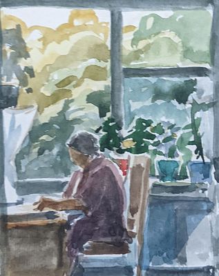 Орлов Василий Сергеевич (1910-2010). У окна. 1990 -е гг. Бумага, акварель. 12,5х9,7 см. 