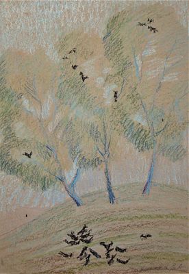 Ксенита Елена Александровна (1954 г.р.). Три дерева и вороны. Бумага, пастель. 29,5 Х 42 см. 