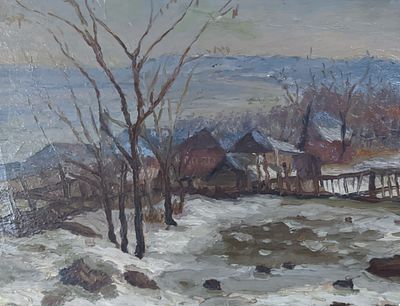 Неизвестный художник. Тает снег. Картон, масло. 24,5Х33,5 см. В верхнем углу справа, утери.