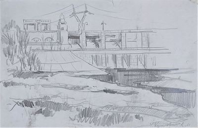Курилович Александр Михайлович (р. 1928). ГЭС. 1960-70-е гг. Бумага, карандаш. 32х49 см. 