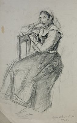 Курилович Александр Михайлович (р. 1928). Женщина в платке. 1960 г. Бумага, графитный карандаш. 