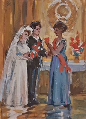 Курилович Александр Михайлович (р. 1928). Свадьба. 1975 г. Бумага, гуашь. 7,5 х 10 см. Наклеено 