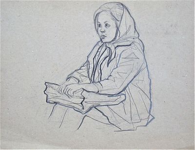 Курилович Александр Михайлович (1928 г.р.). Школьница. 1950 е гг. Бумага, уголь, графитный 