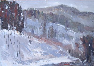 Иванчук Слава. Зимний лес. г. Орел. 1990 г. Картон, масло. 24Х35 см. На обороте дарственная 