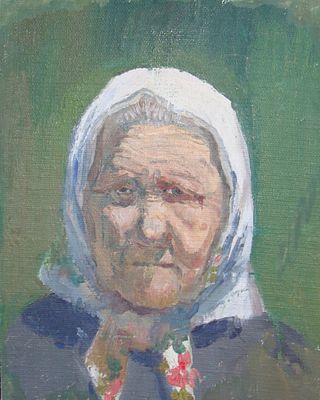 Бельмасова Людмила Борисовна (1964 г.р.). Портрет пожилой женщины в платке. 1990-е гг. Холст на 