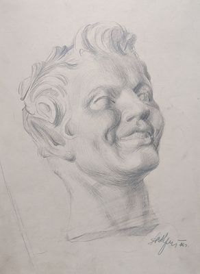 Кулагин Александр Сергеевич (г.р. 1926). Античная голова. 1946 г. Бумага, графитный карандаш. 